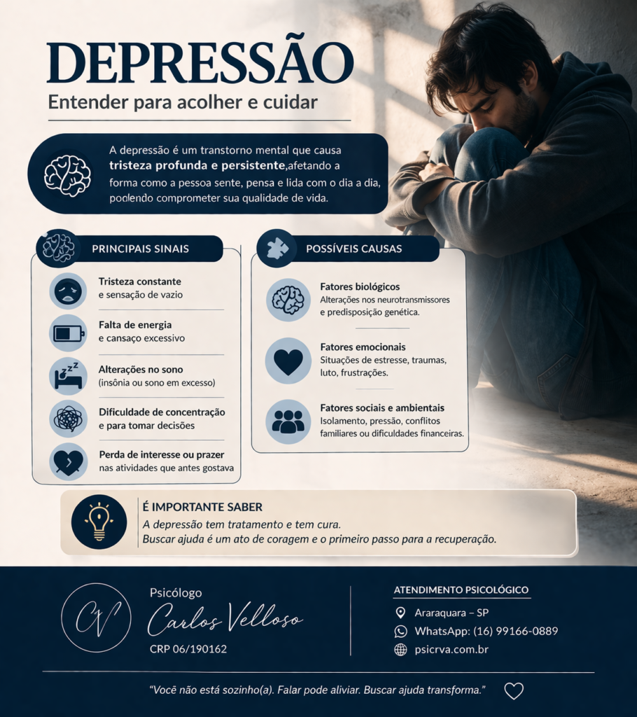 Infográfico sobre depressão explicando sintomas, causas e tratamento, com orientação psicológica do Psicólogo Carlos Velloso em Araraquara SP.